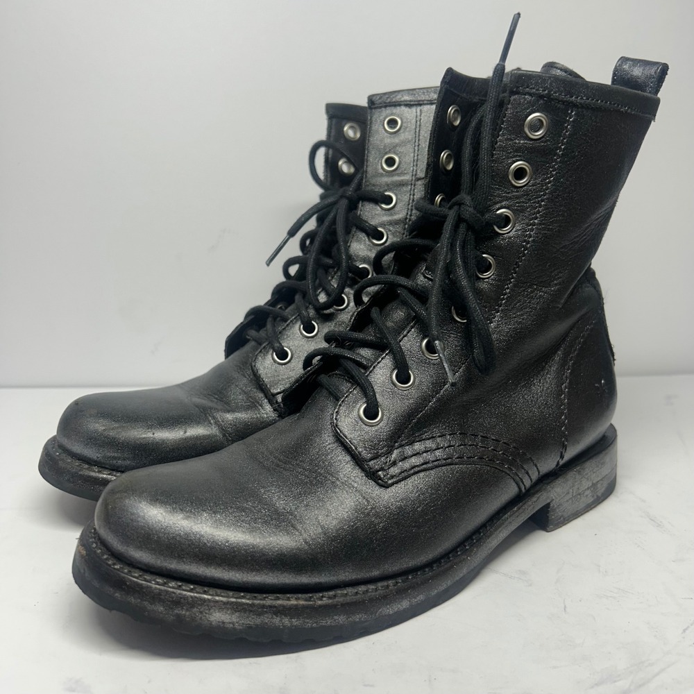 Frye Veronica Combat Boots Black Leather Women Size 7 Lace Up Distressed Lug